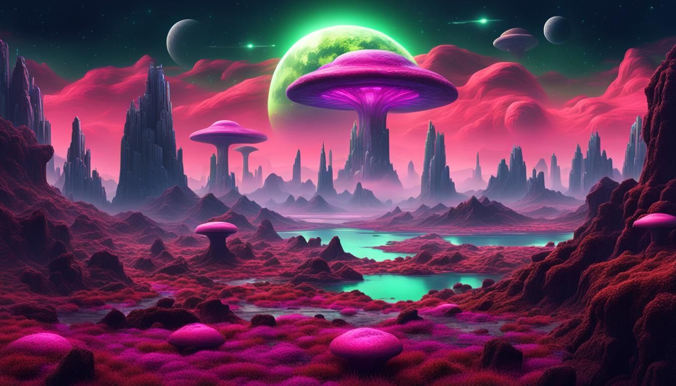 Surreal Alien Cityscape with Bioluminescent Flora