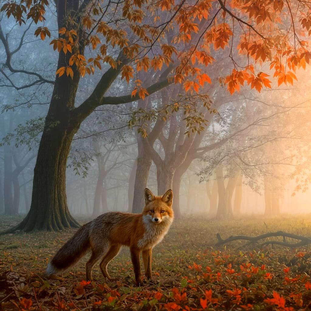 Red Fox in Foggy Autumn Forest at Dawn