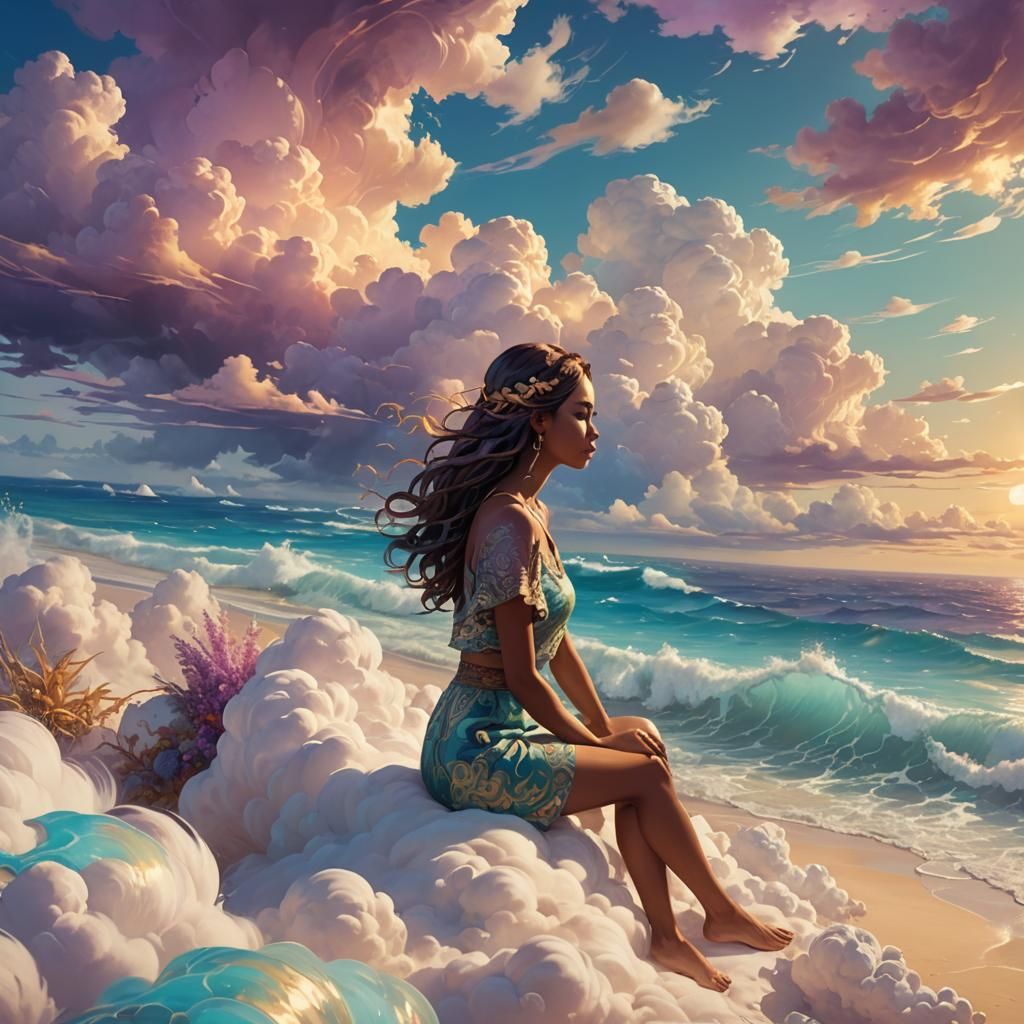 Girl on Cloud Gazing at Sea: Dreamy Concept Art