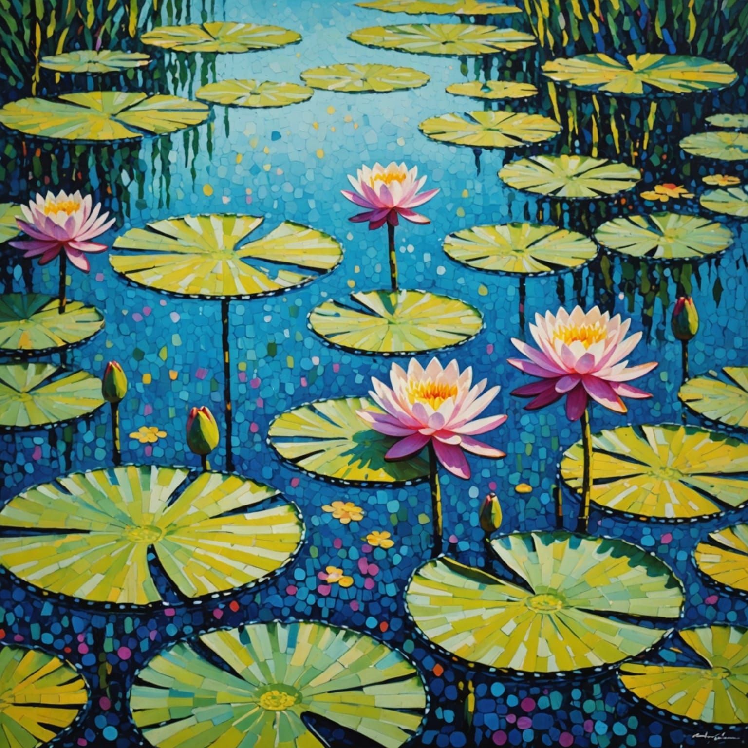 Vibrant Pointillism Water Lilies on Tranquil Pond