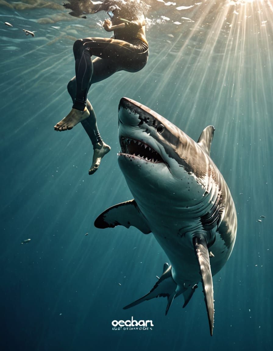 Great White Shark Ascends in Sunlit Ocean Depths