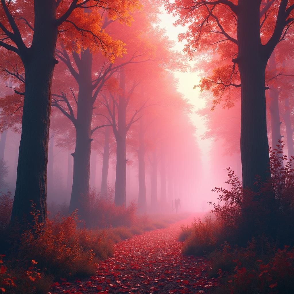 Mystical Autumn Forest in Hazy Sunset Light
