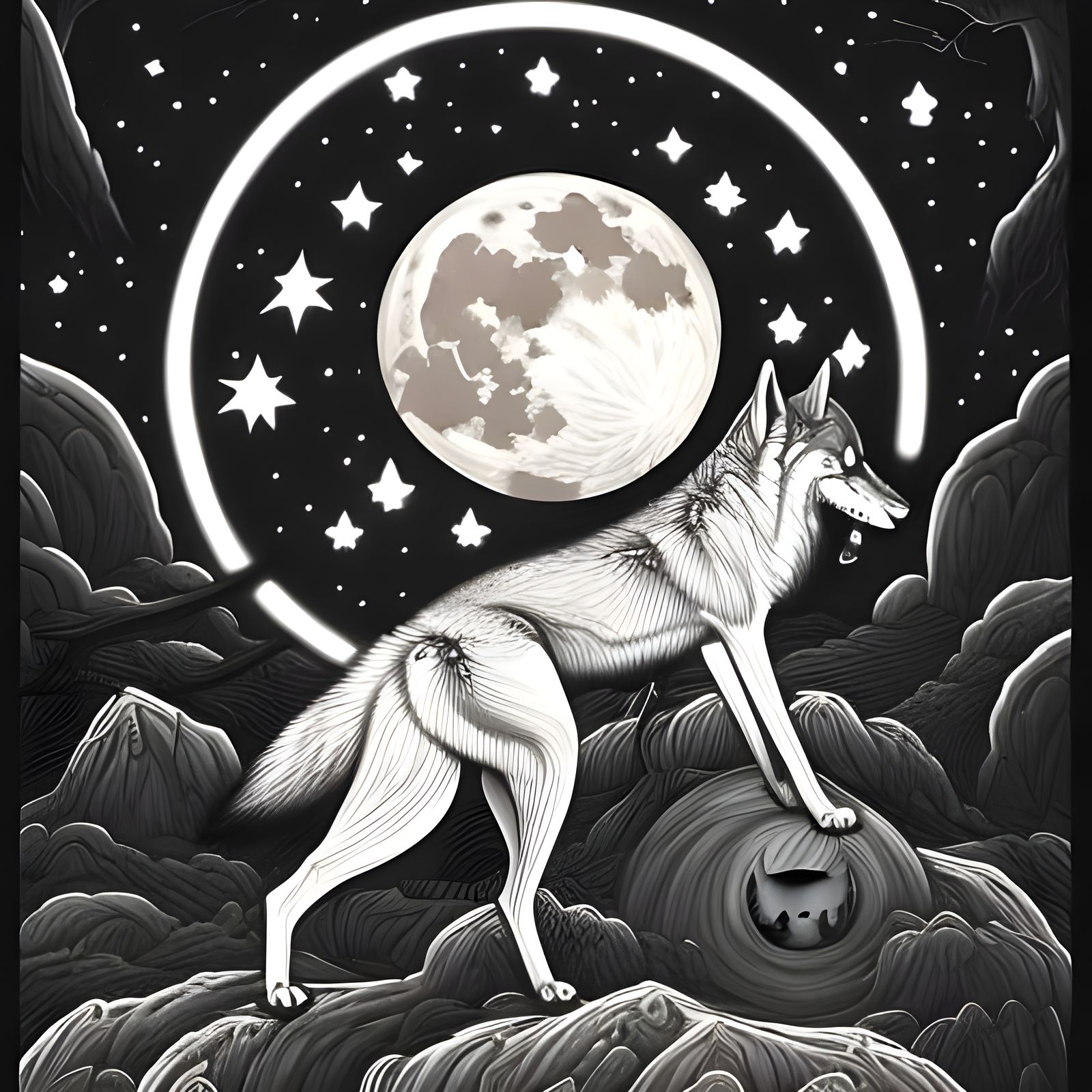 Wolf and Dog Fantasy Art Under Full Moon