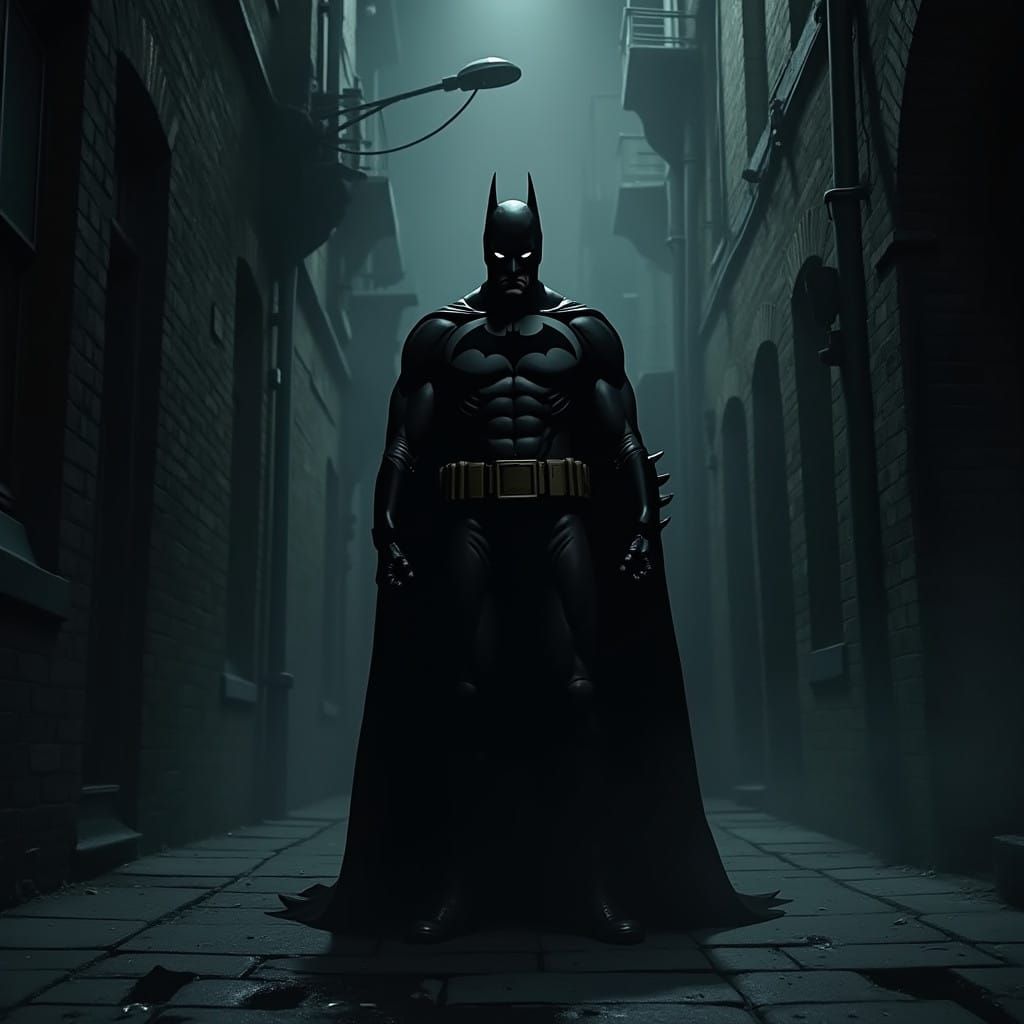 Gothic Batman Watches Over Gotham City Alleyway in Chiaroscu...