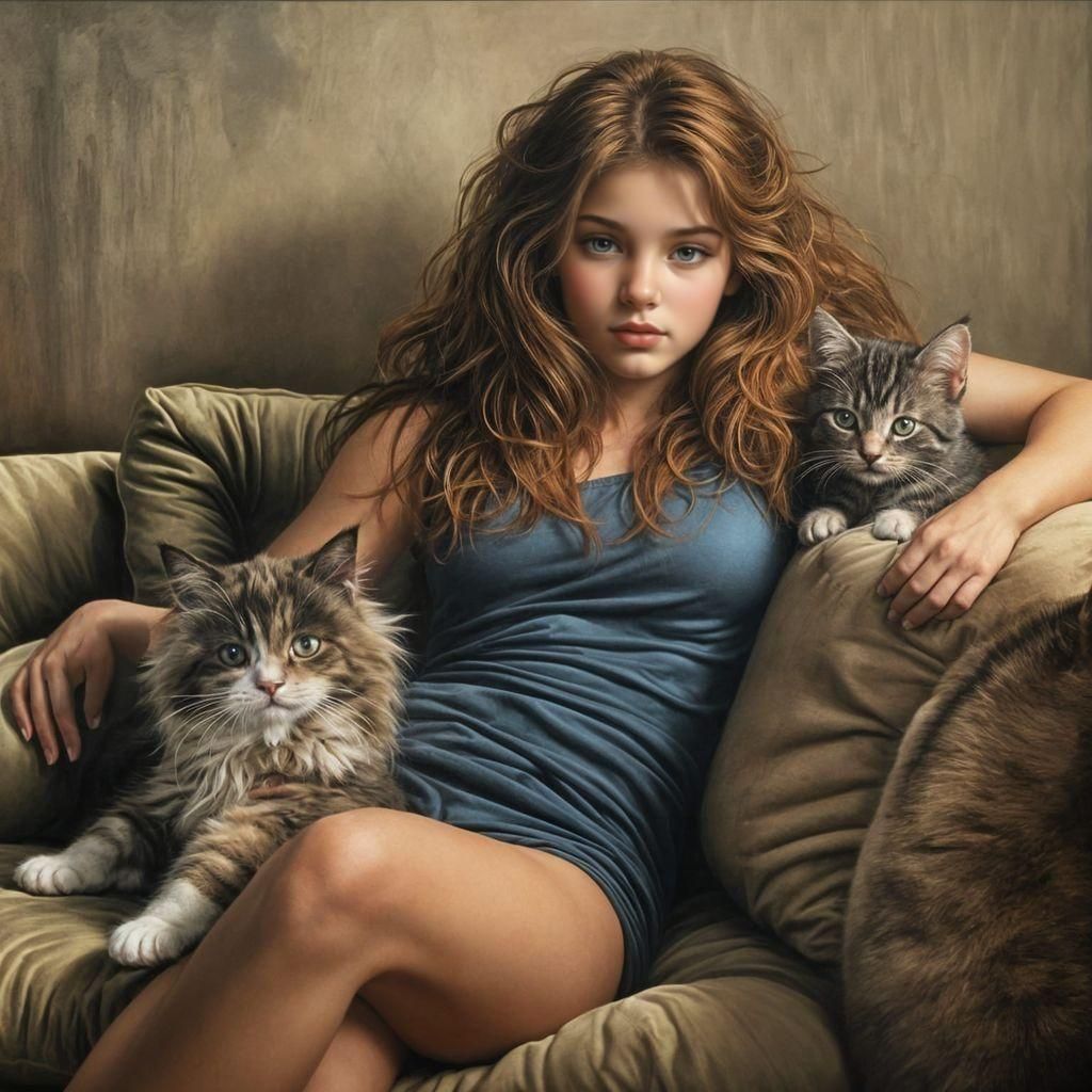 Girl and Kitten in Modern Chalk Art Style