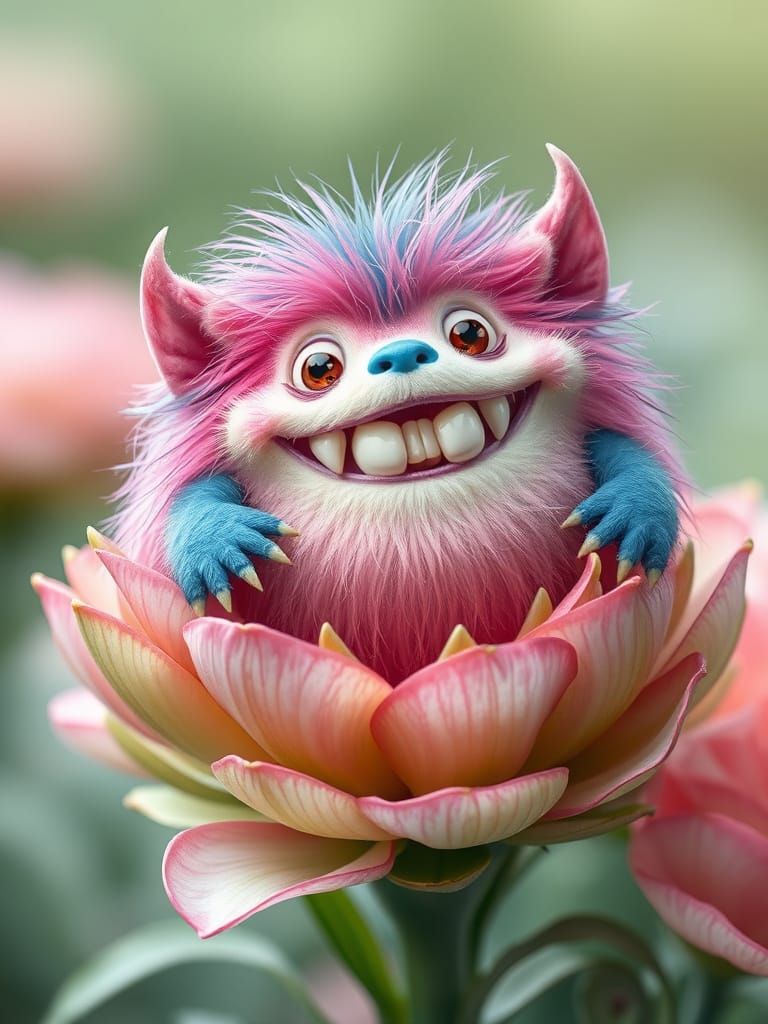 Whimsical Monster Surrounded by Blooming Flowers in Vibrant ...