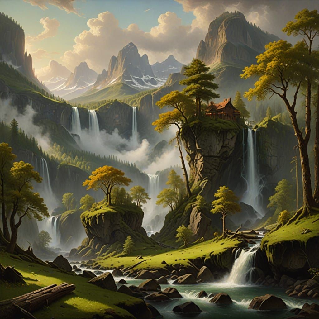 Hidden Valley Mist Landscape with Waterfalls and Ruins