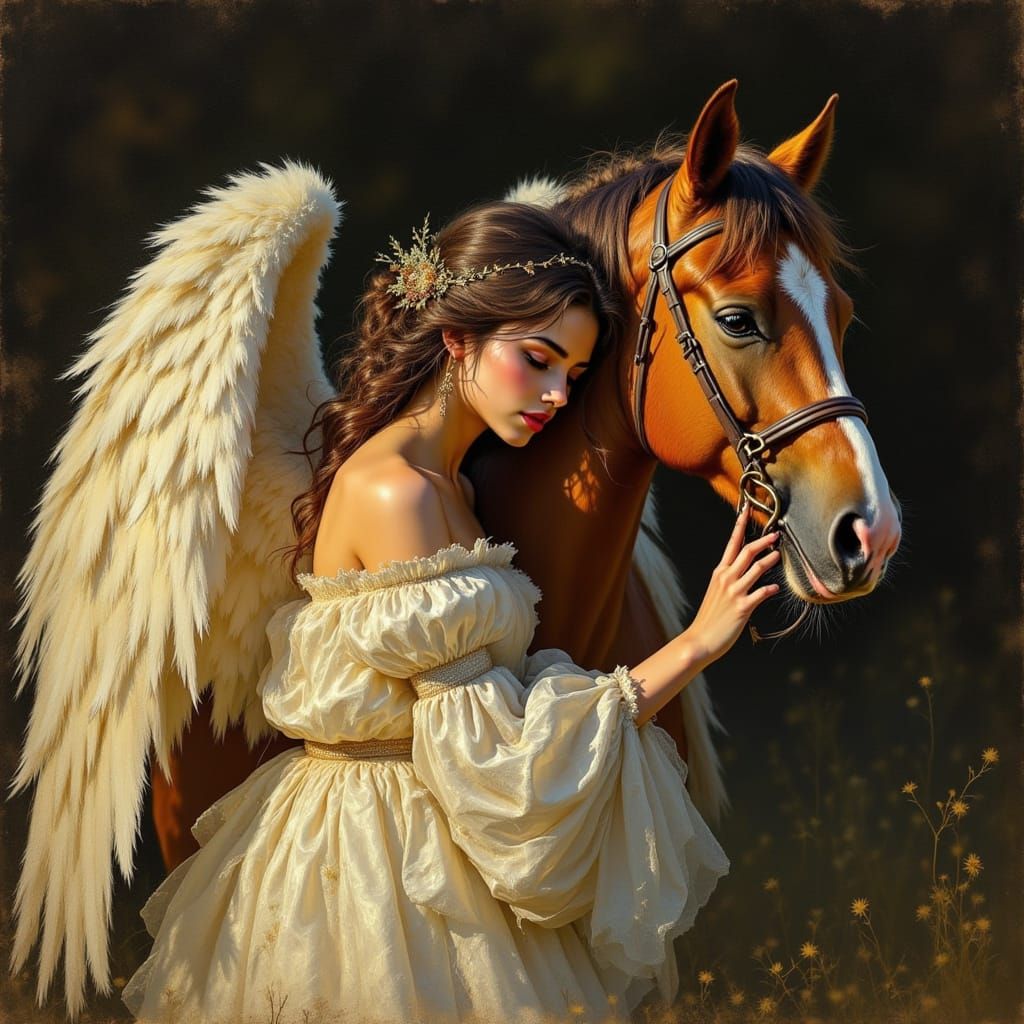 Majestic Horse and Angel in Golden Hour