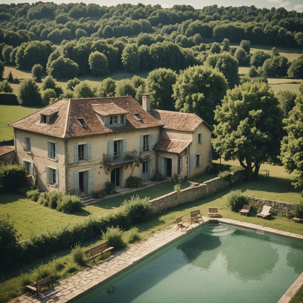 French Farmhouse with Pool in Cinematic Style