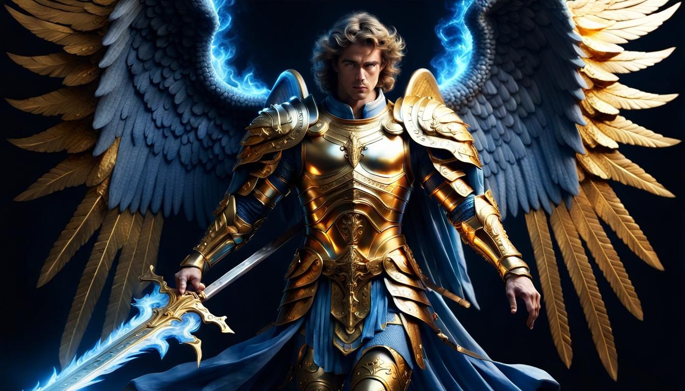 Archangel Michael with Golden Armor and Flaming Sword