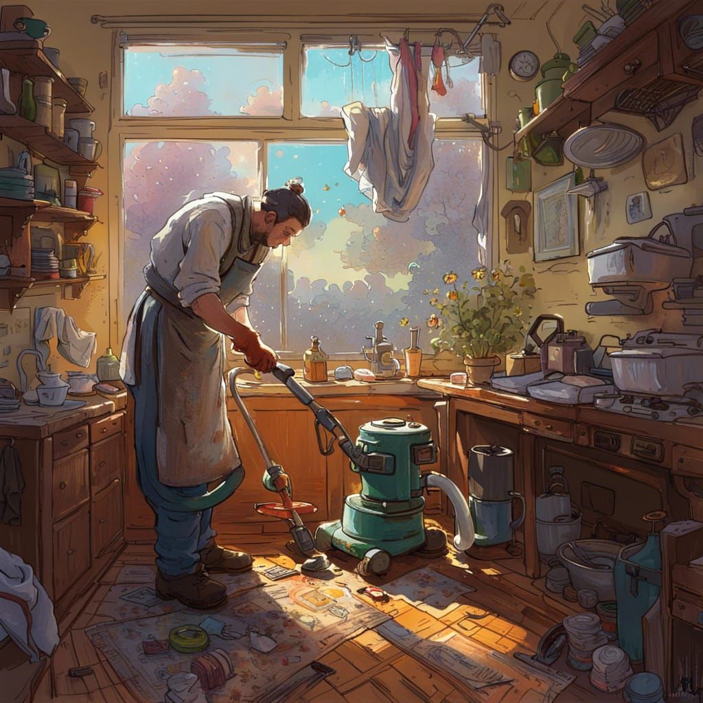 Robot Housekeeper in Detailed Line Art Style