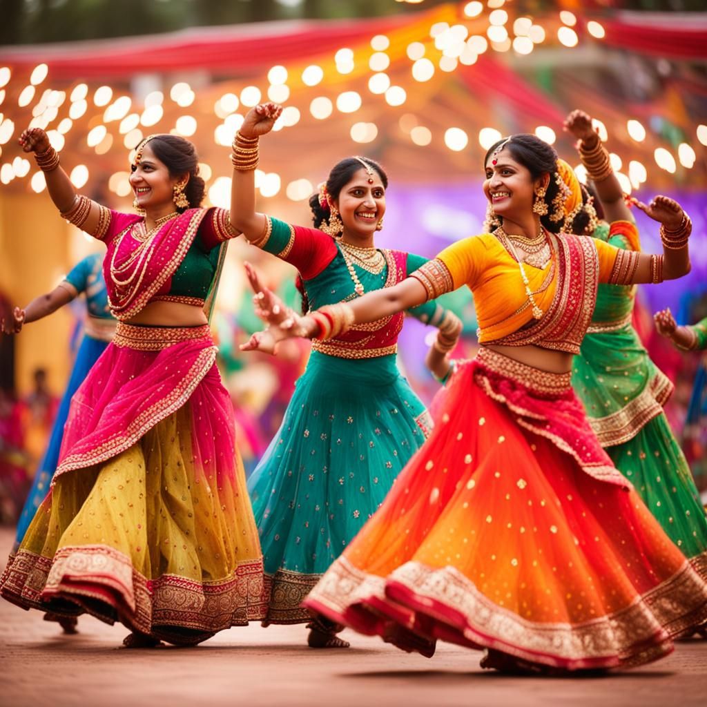 Indian women performing Indian traditional Garba dance form wearing garba clothes