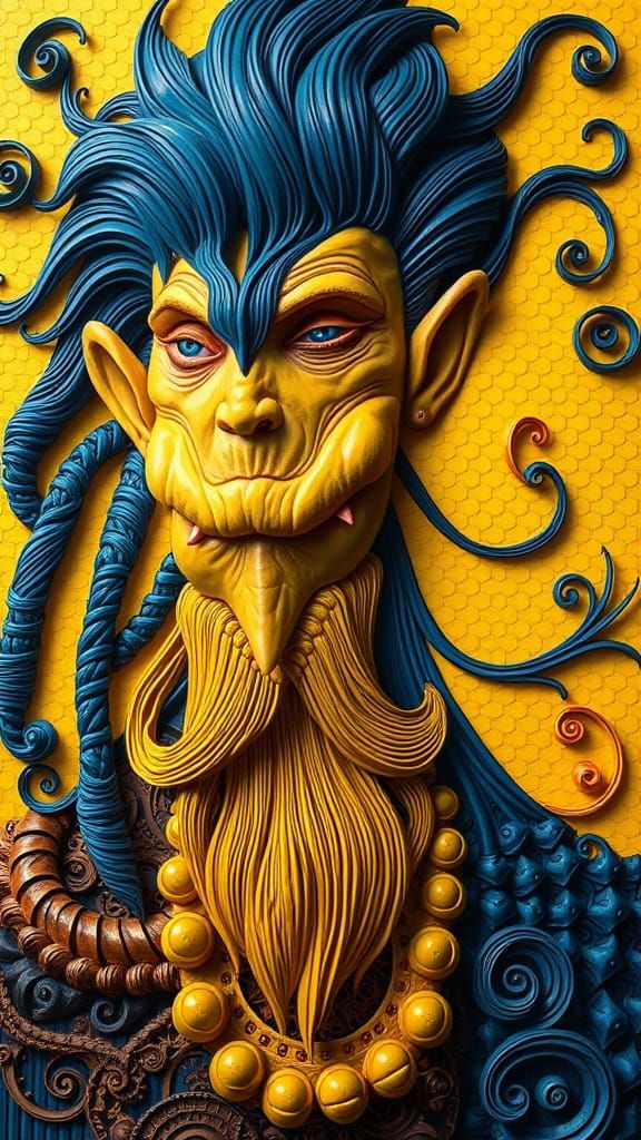 Shape Shifter Barbarian Wild Tim Burton contrasting colors tetradic colors yellow and blue deep color warm colors hyperr...