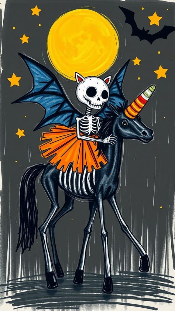 Halloween Fairy Rides Unicorn: Naive Basquiat-Style Illustra...