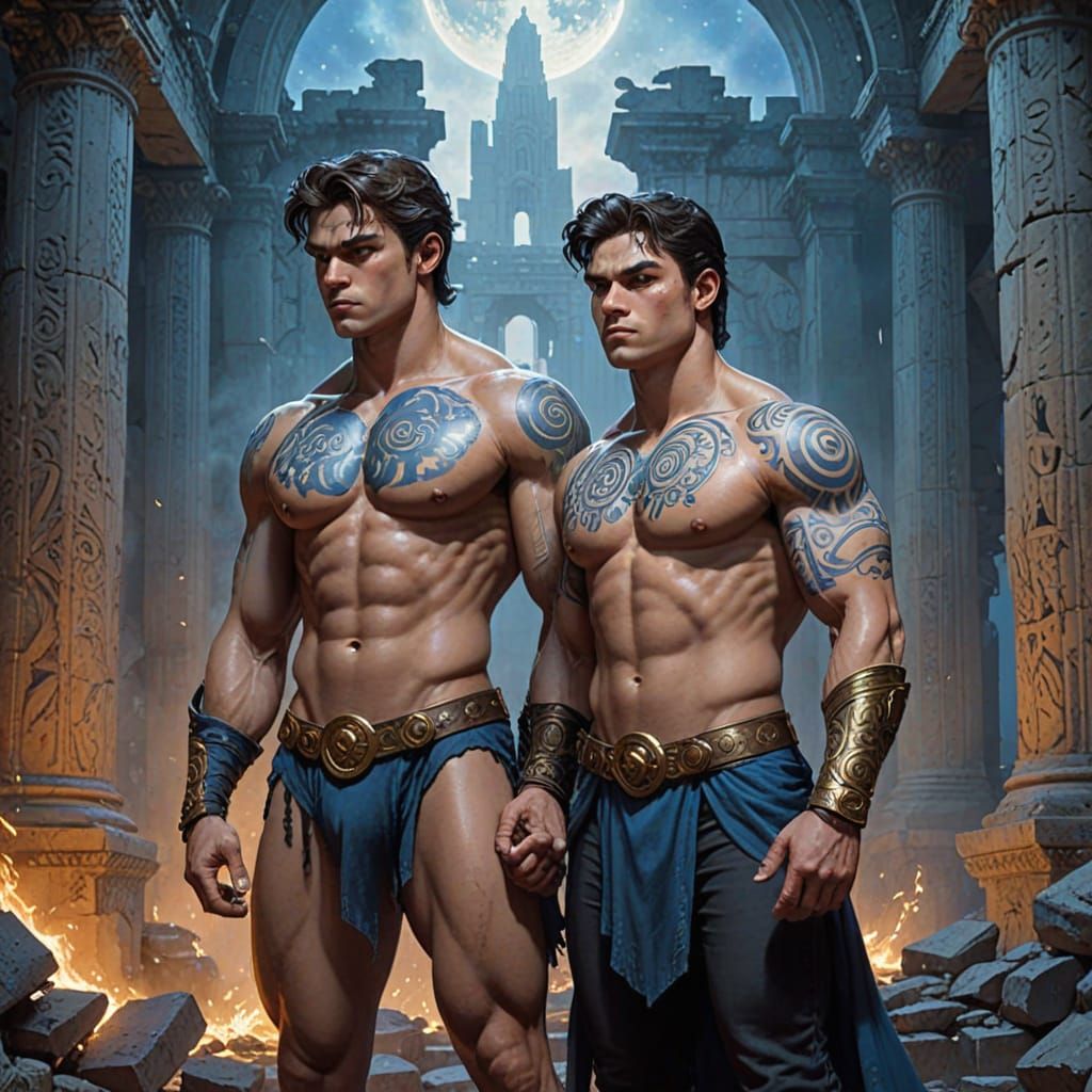 Teen Couple with Celestial Tattoos in Misty Ruins