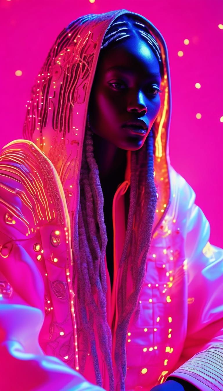 Afrofuturistic Woman with White Dreadlocks in Neon Noir