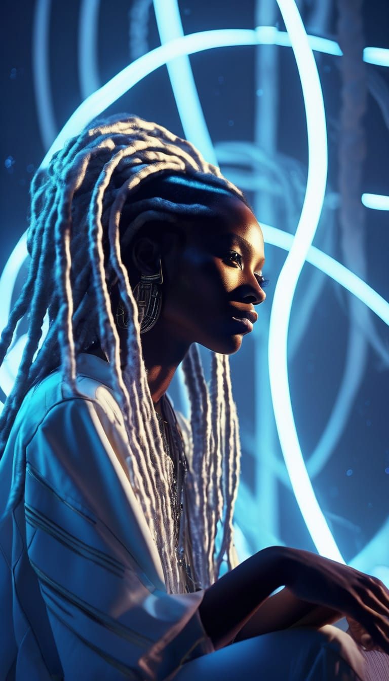 Afrofuturistic Woman in Flowing White Dreadlocks