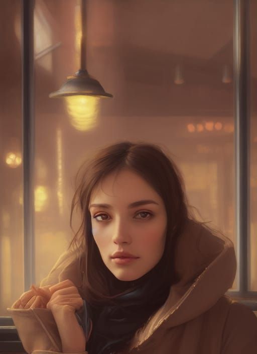 Woman in Cafe: Art Nouveau Digital Portrait