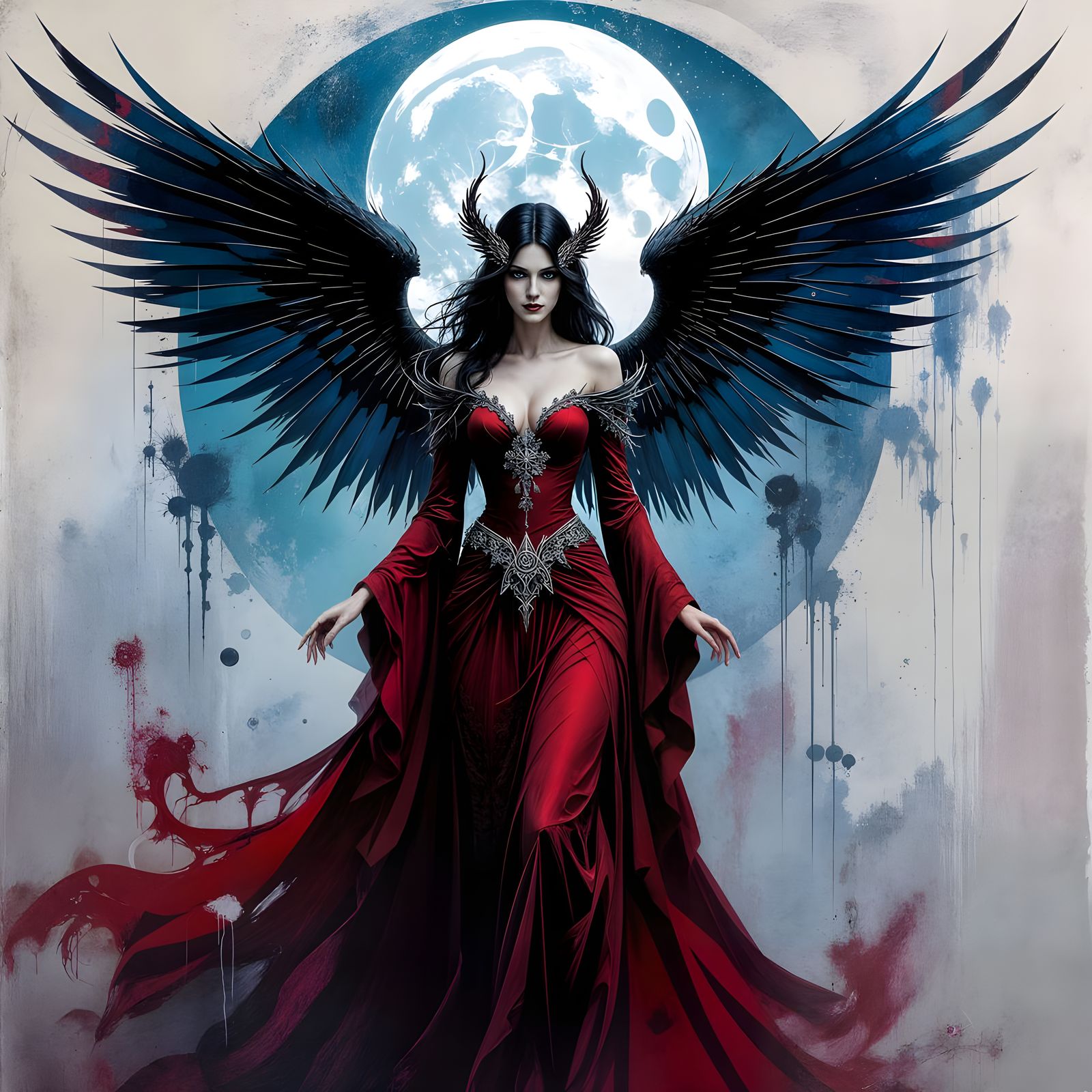 Gothic Angel in Crimson Moonlight: Surreal Expressionism