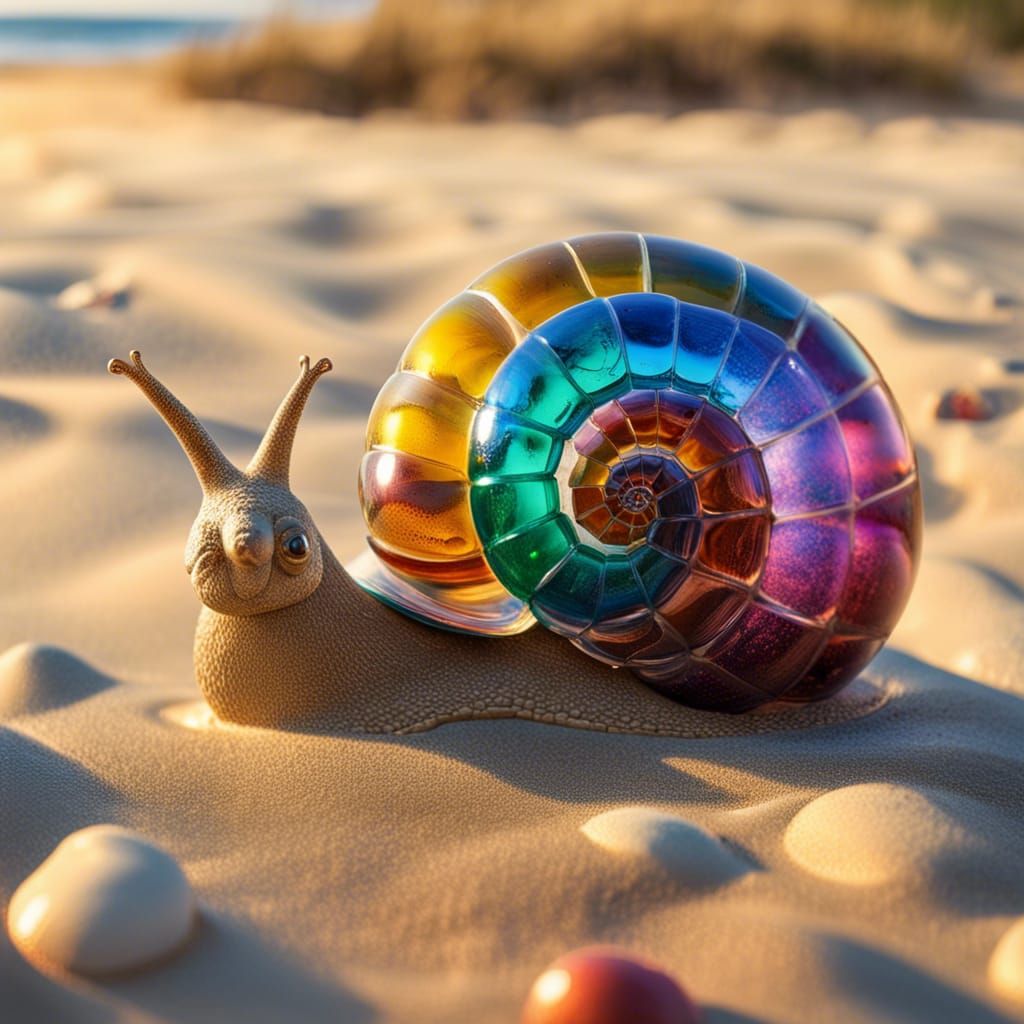 Glass Bottle Snail Statue by the Ocean: Hyperrealistic Splas...