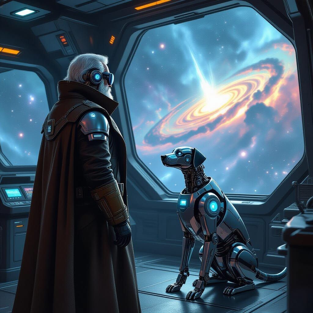 Space Captain and Robot Dog Amidst Cosmic Nebula