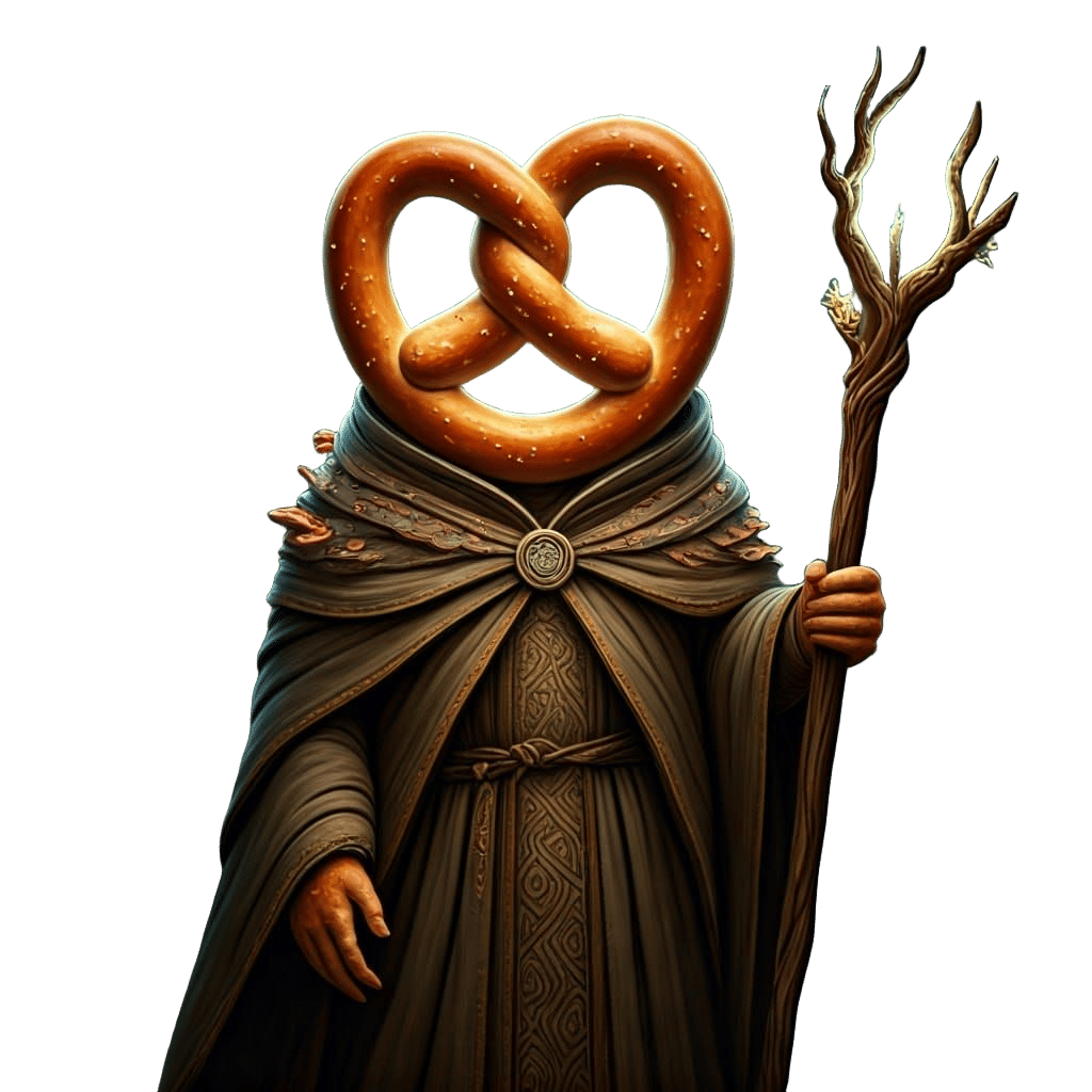 Regal Pretzel Druid in Earthy Robes, Holding Wooden Staff, A...