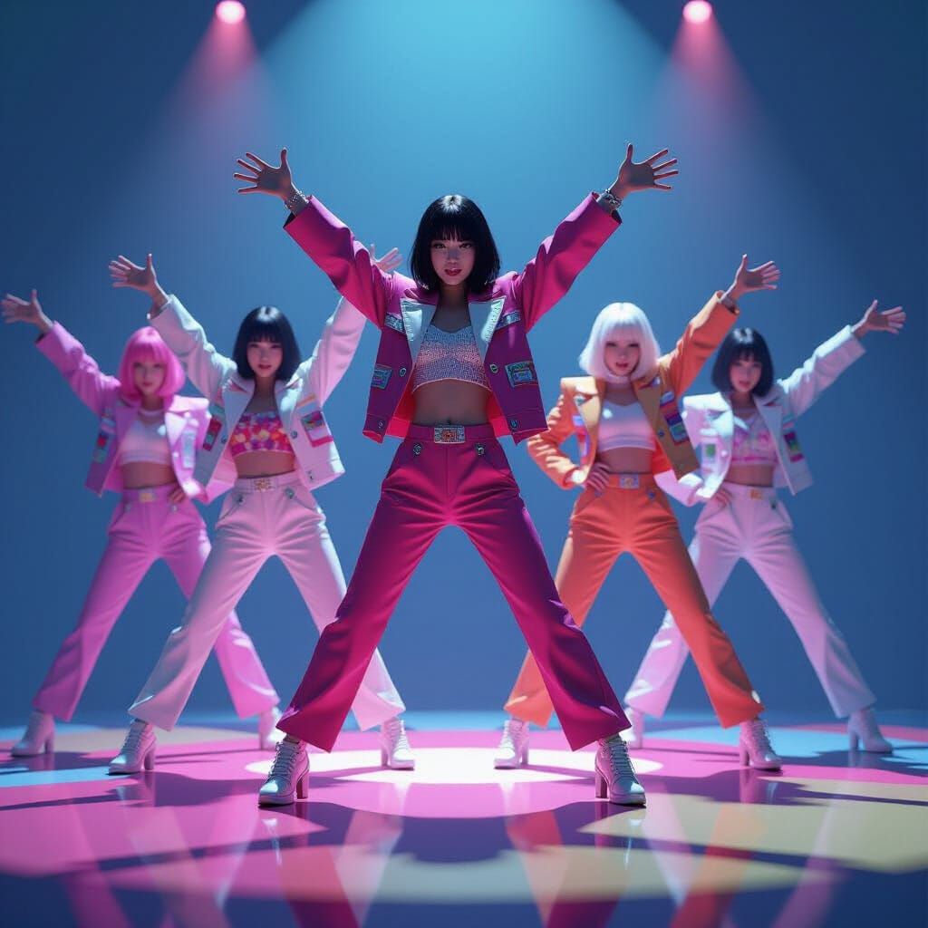 K-Pop Idols in Futuristic Mod Outfits on Abstract Stage