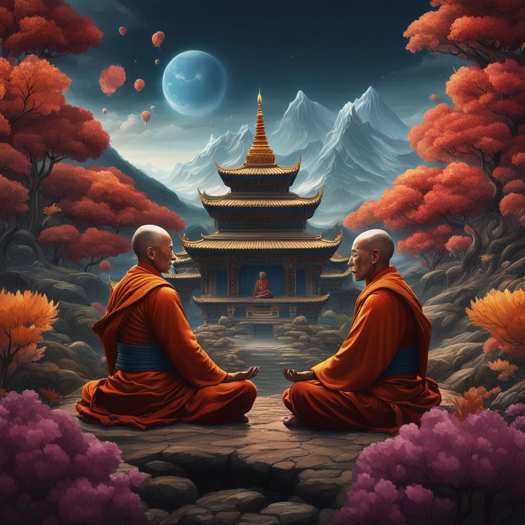 Two-Headed Monk Meditating: Detailed Matte Painting