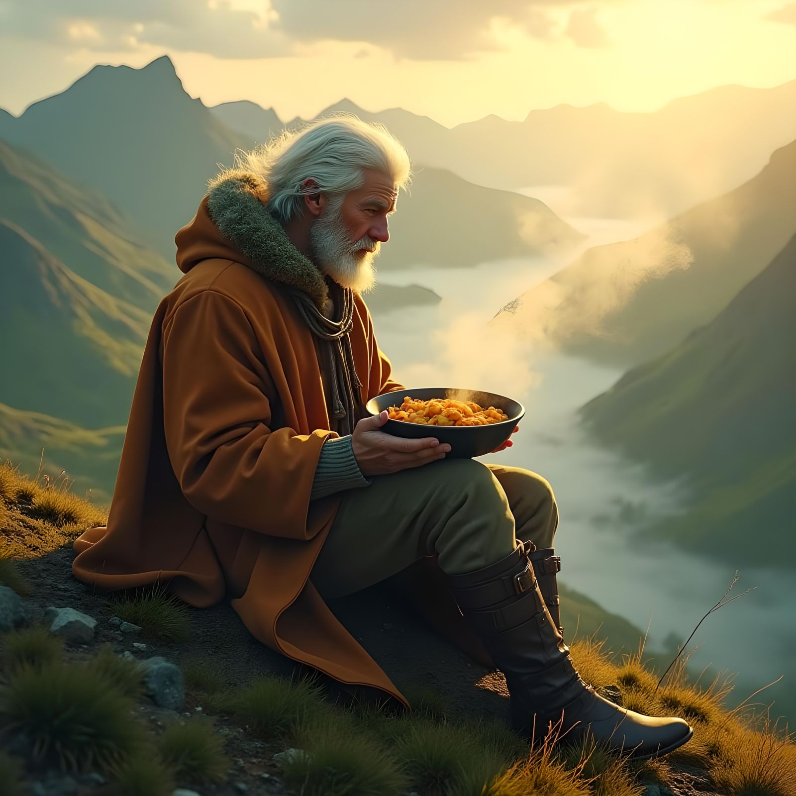 Man Eating Curry on Welsh Mountain, Detailed Matte Painting