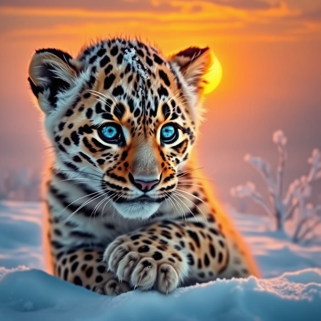 Snow Leopard Sunset: Dreamy Digital Matte Painting