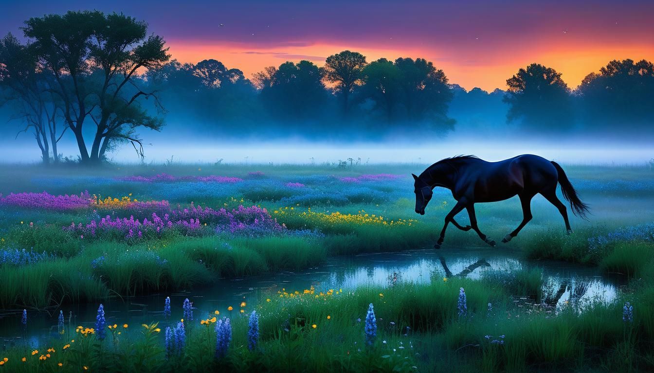 Enchanted Marsh: Ebony Horse in a Night Meadow