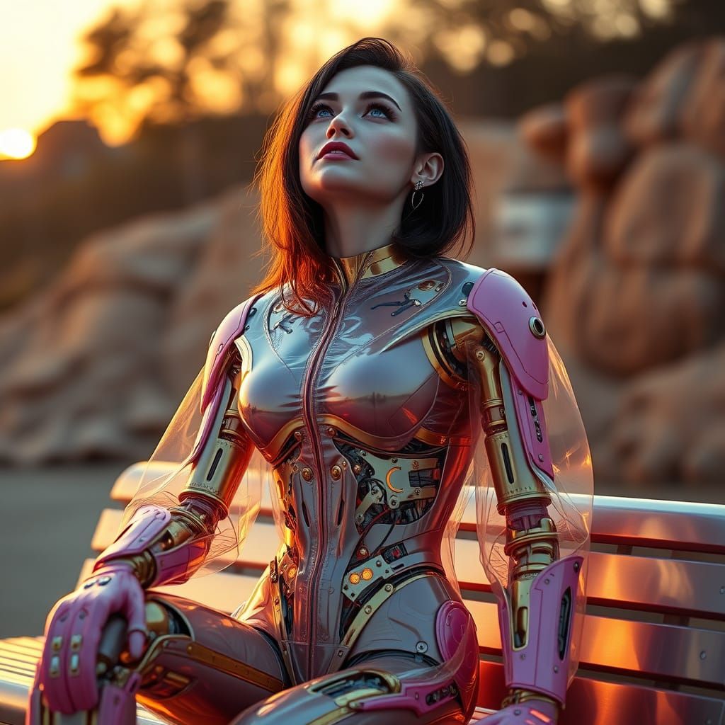 Cyborg Woman Contemplates Existence in Futuristic Landscape