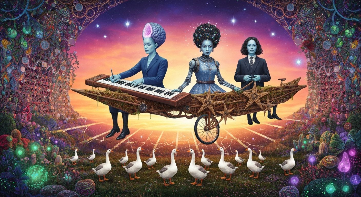 Ethereal Figures Compose Poems in a Cosmic Labyrinth