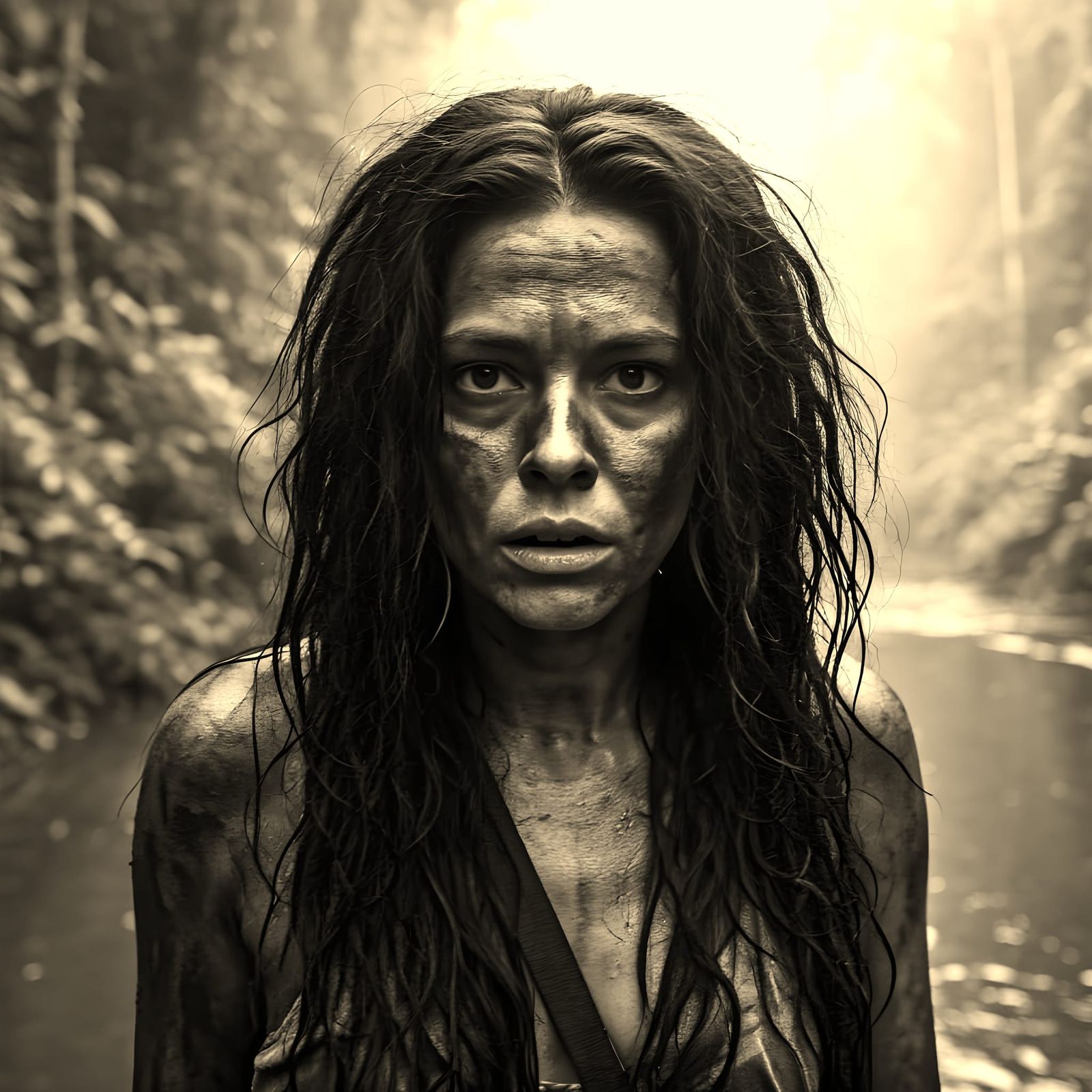 Feral Amazonian Woman in Vintage Sepia Tone