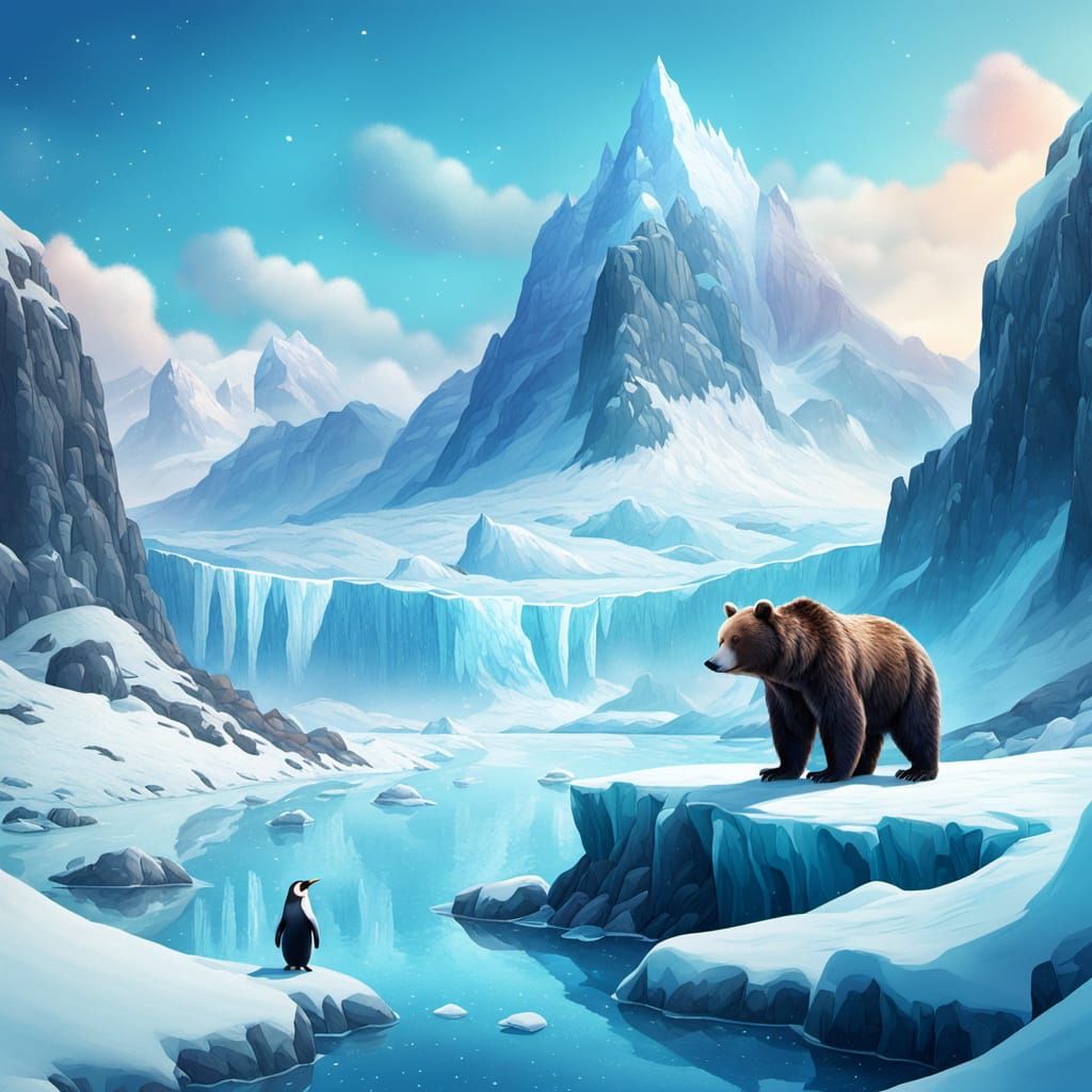 Whimsical Winter Landscape with Bear and Penguin