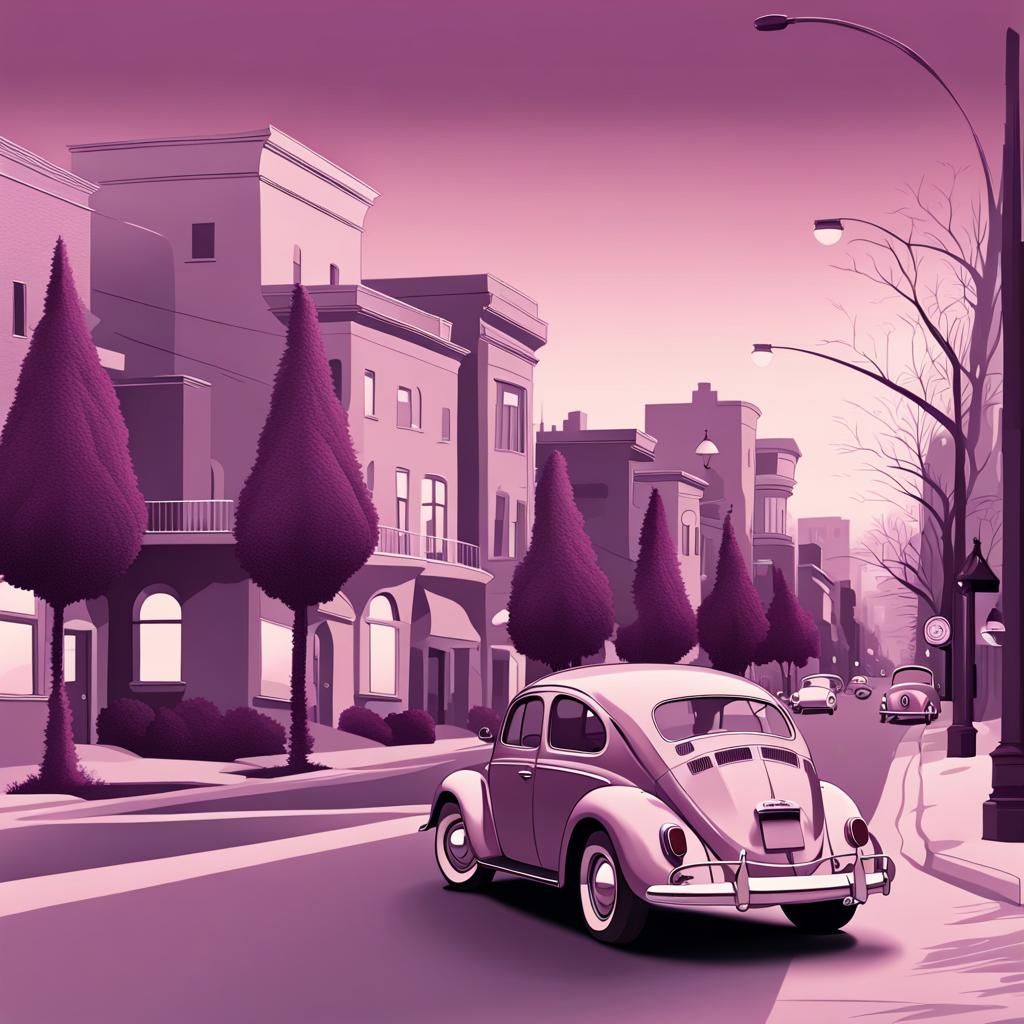Mulberry Monochromatic City Dusk Streetscape with VW Bug