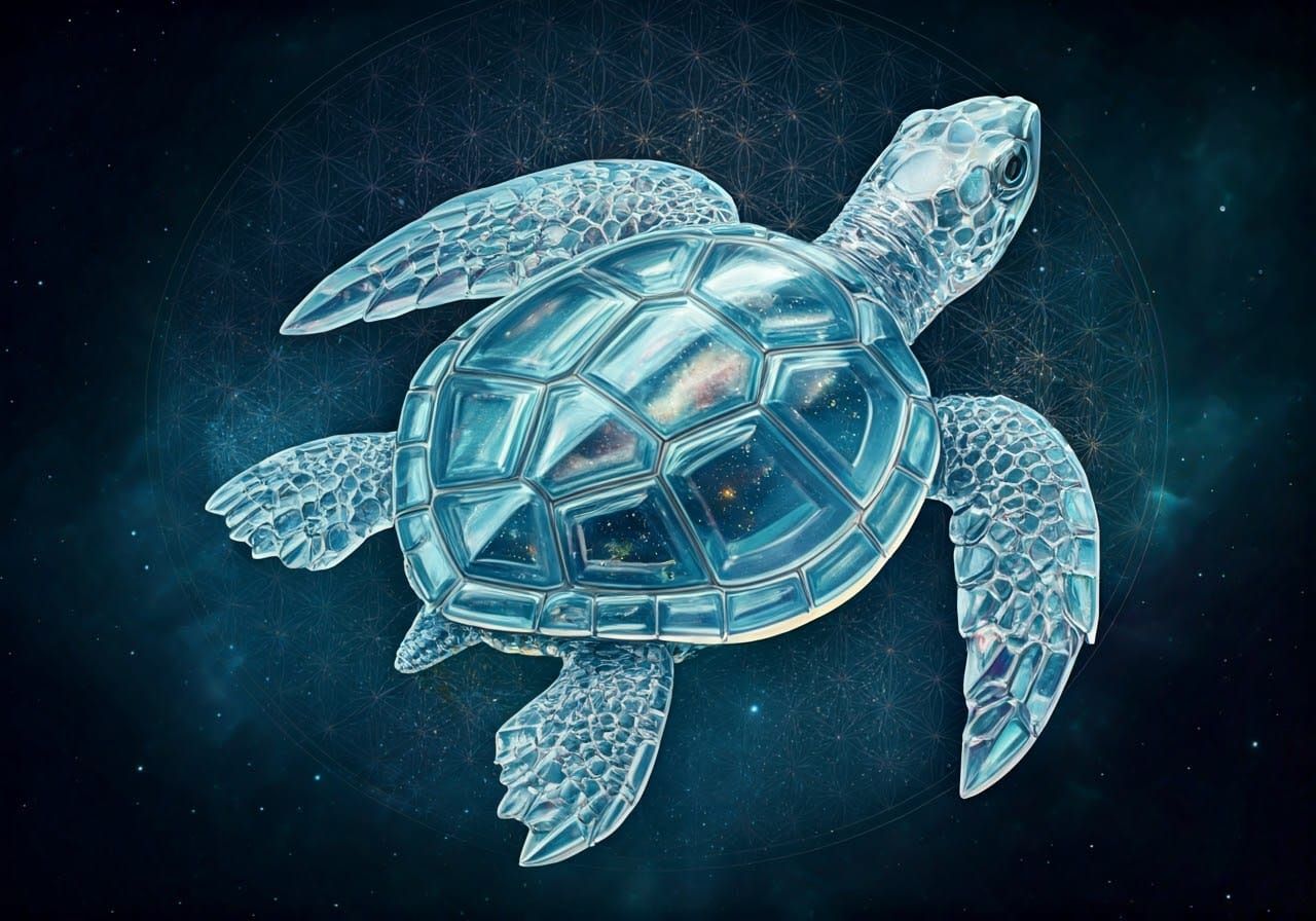 Crystal Turtle Emerges from Sacred Geometry Latticework