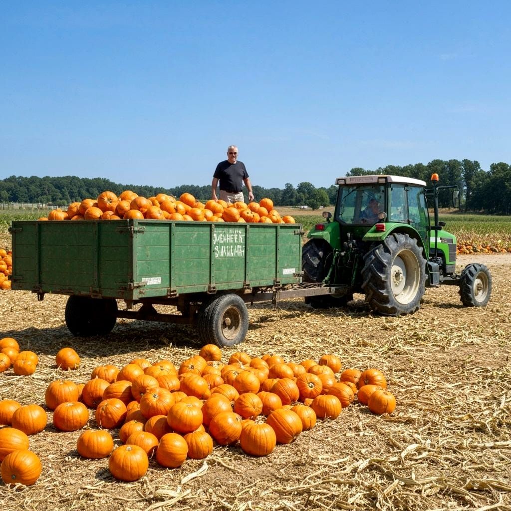Autumn Pumpkin Harvest: Tractor Loads Wagon