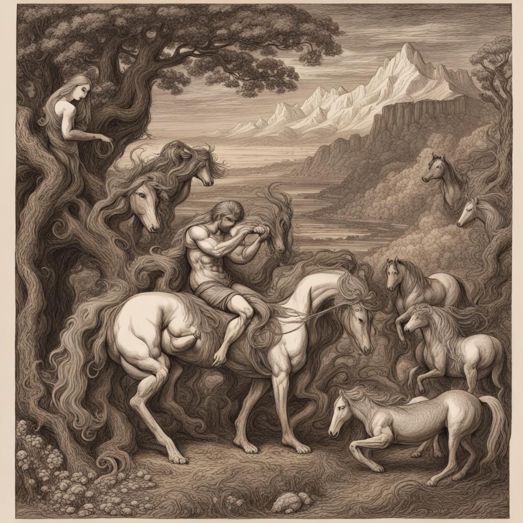 Hercules and Mares in Samuel Palmer Style