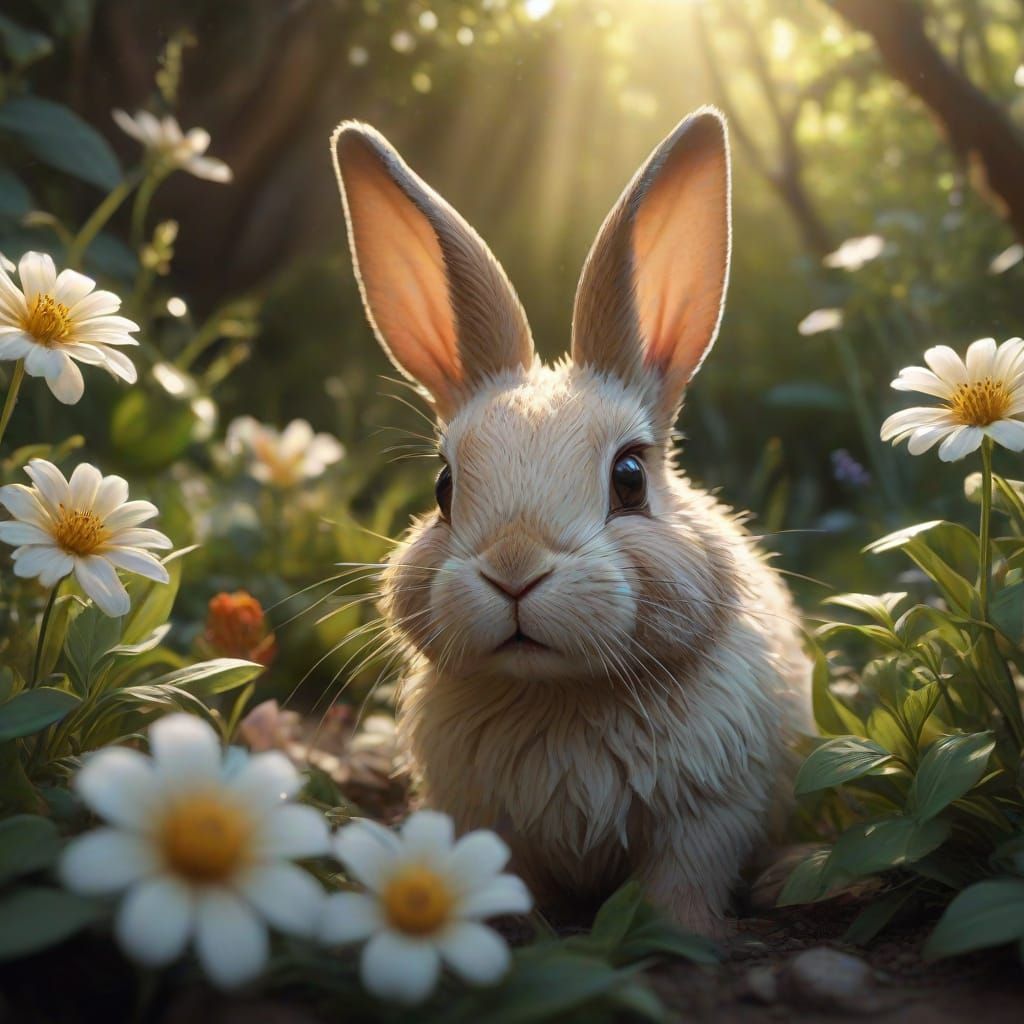 Bunny Peeks From Flower in Fantasy Garden