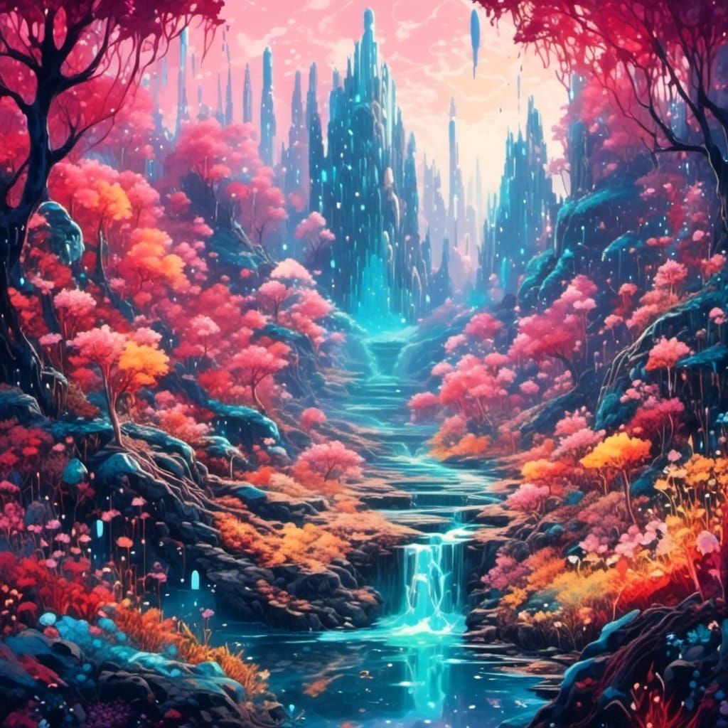 Psychedelic Crystal Cave with Waterfall in Watercolor Style
