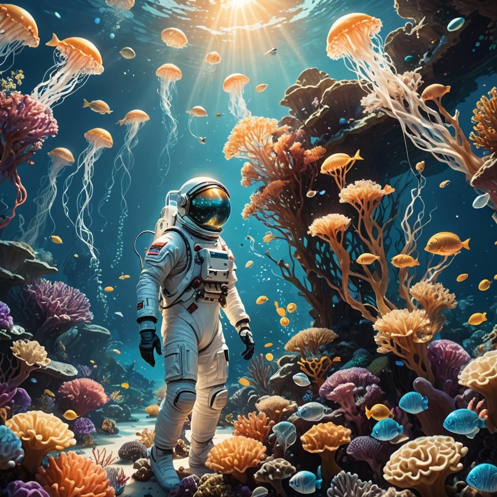 Astronaut Among Luminescent Fish: Fantasy Concept Art