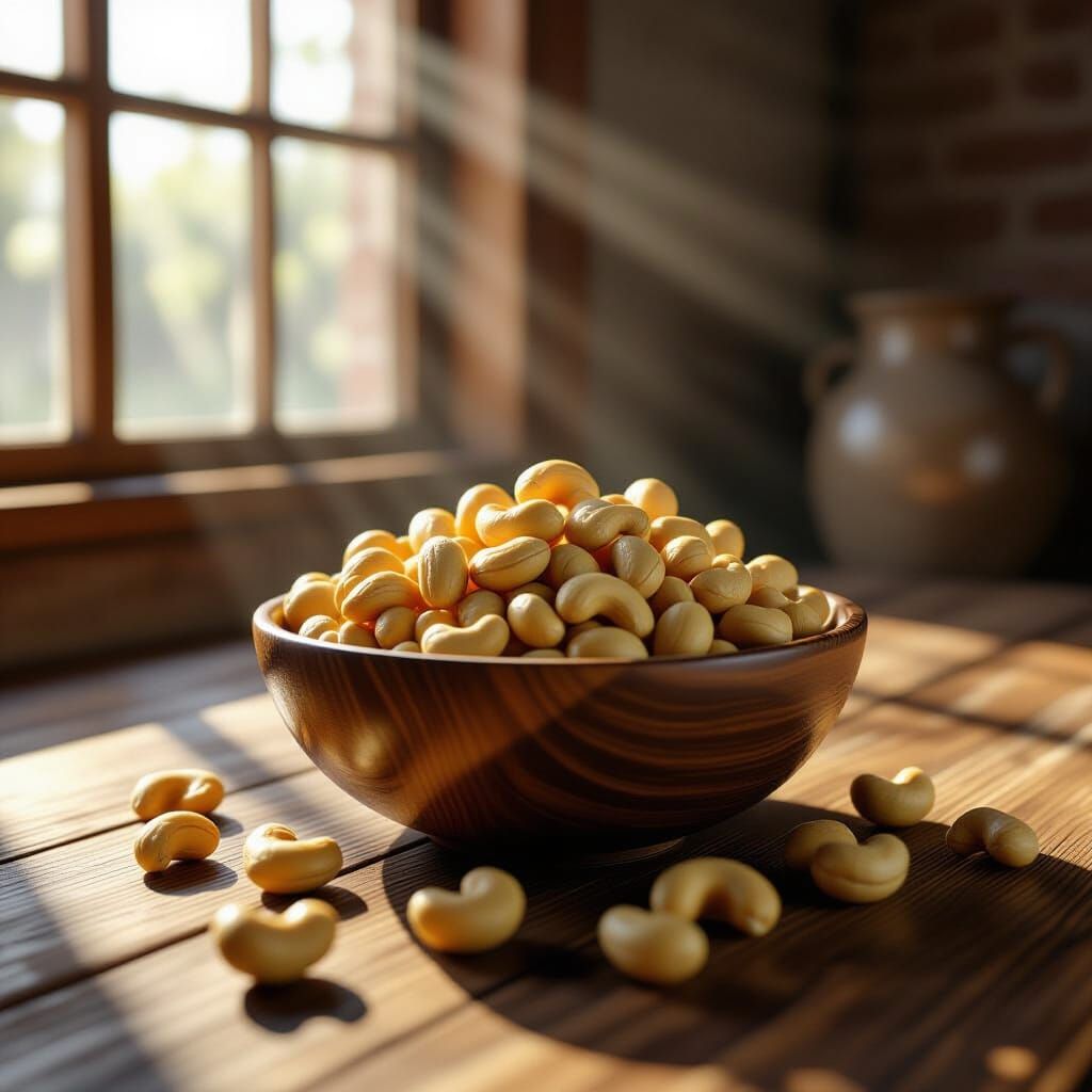 Hyper-Realistic Cashews Overflowing in Rustic Bowl