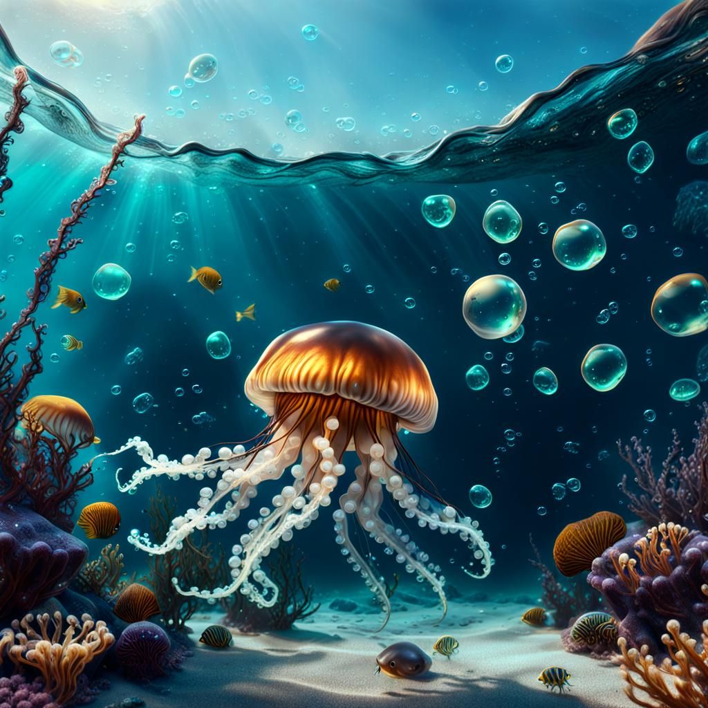 Baby Jellyfish in Ocean, Detailed Matte Painting