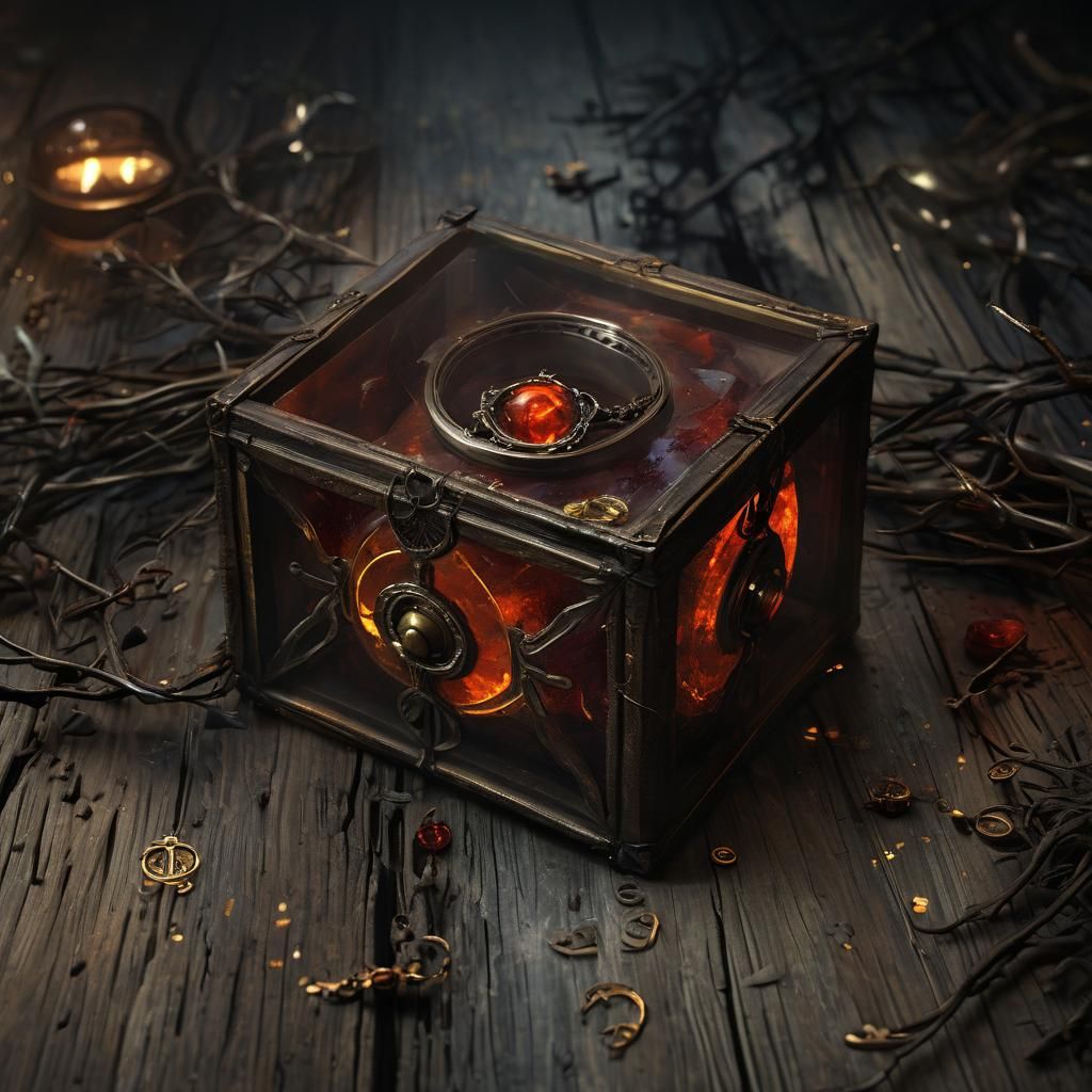 Glowing Amber Ring in Dark Fantasy Glass Box