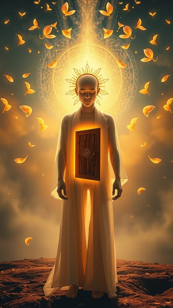 Ethereal Figure with Glowing Door in Surreal Landscape