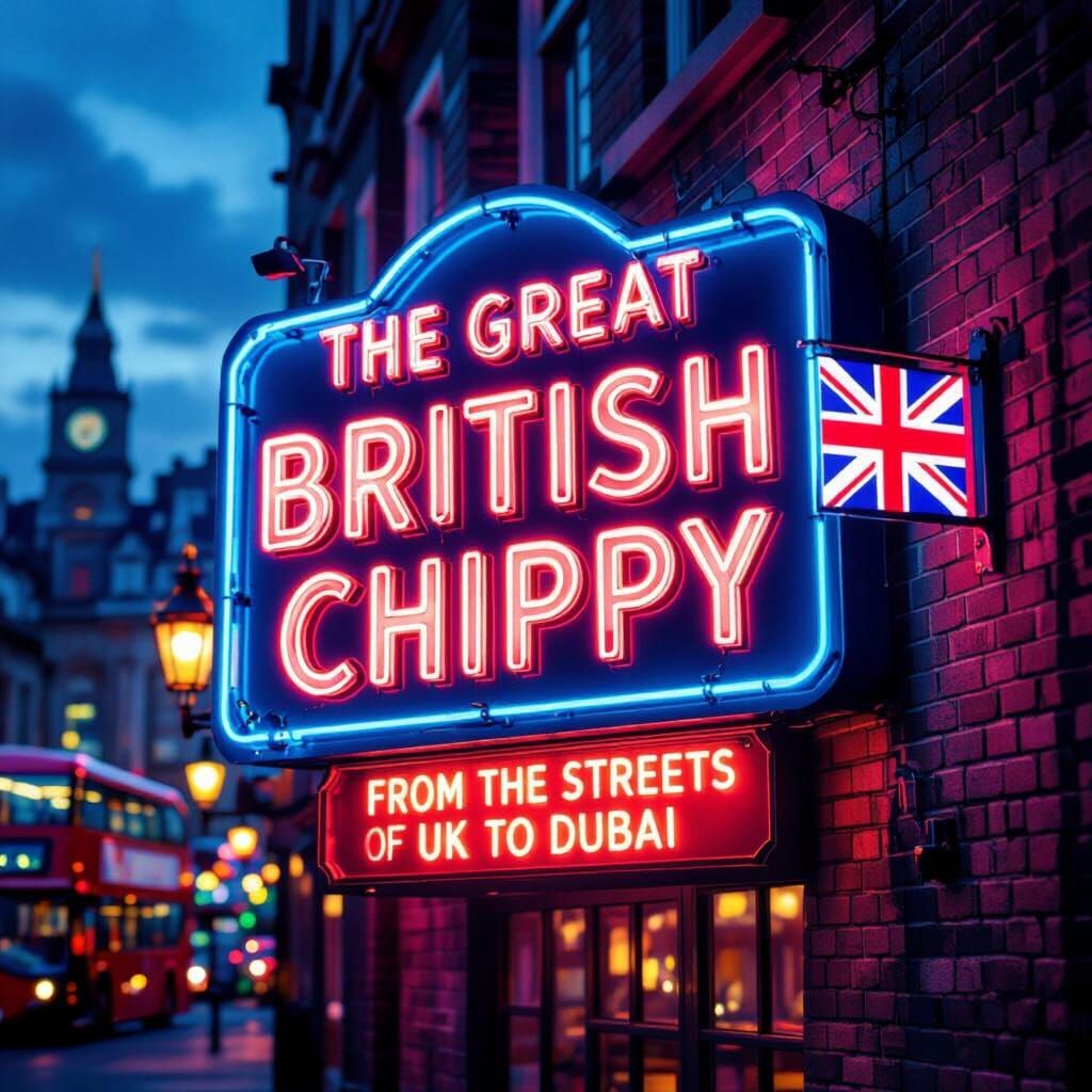 Neon 'Great British Chippy' Sign in London Twilight