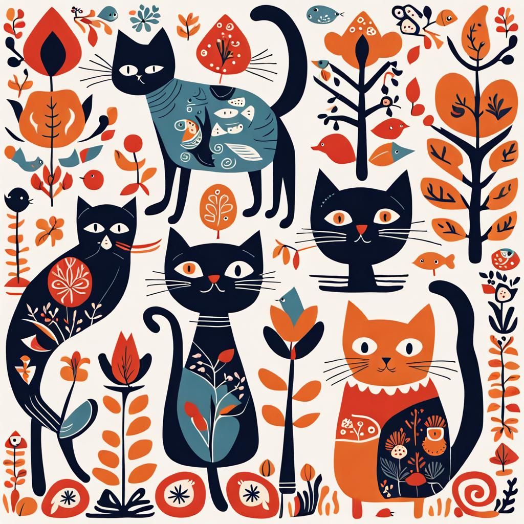 Scandinavian Folk Art Pattern with Cats, Birds and Fish