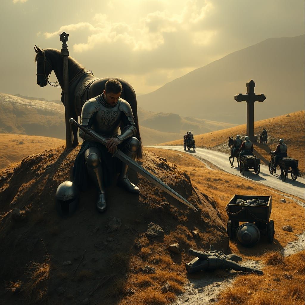 The Weary Last Knight in Desolate Landscape