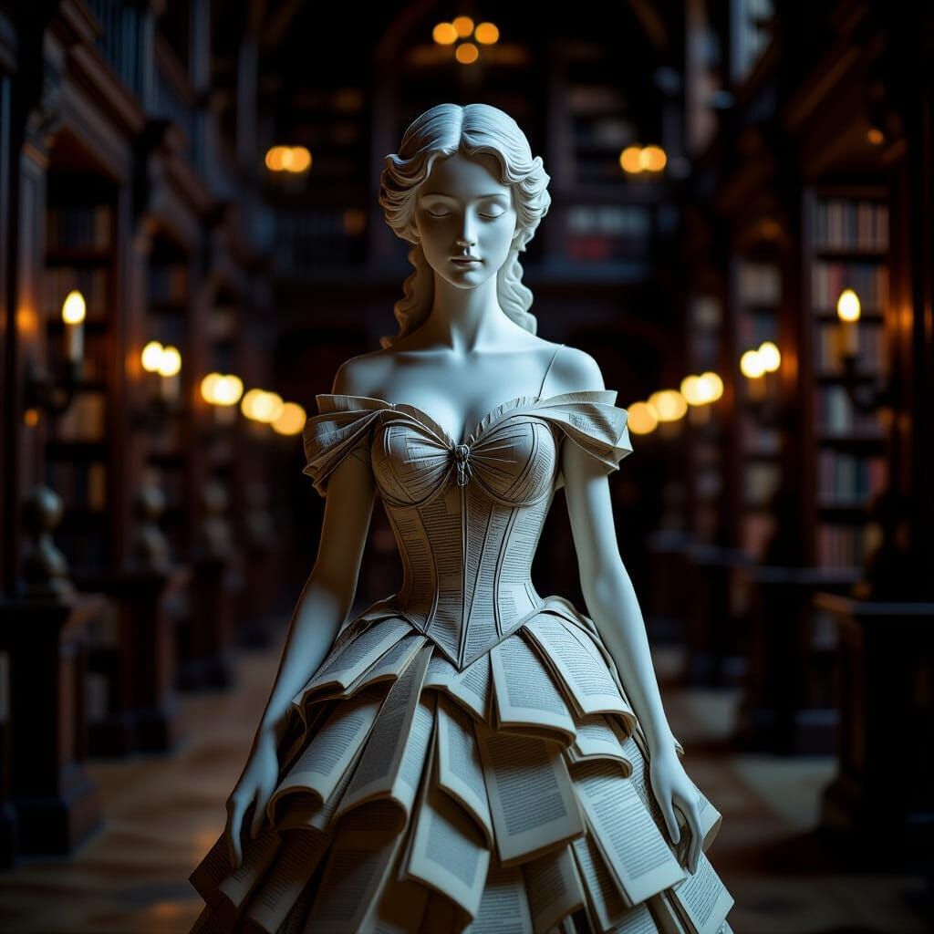 Sculpture of Woman Made From Novel Pages in Gothic Library